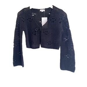 Stitch & Pine Black Tie Front Knit Crochet Blouse Size L (14)